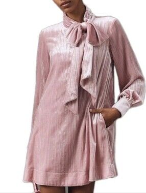 The Caroline Tie Neck Pink Crushed Velvet Pullover Minidress by Maeve Sz: Large